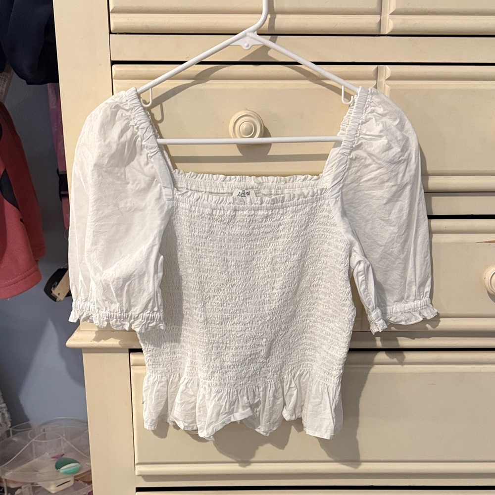 J. Crew White Smocked Blouse with Puff Sleeves